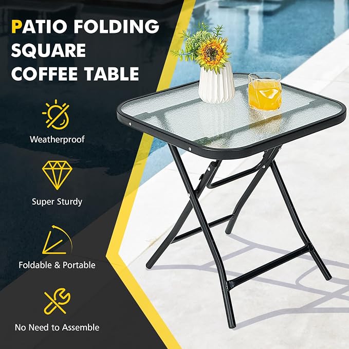LDAILY 18” Folding Outdoor Side Table, Square End Table with Tempered Glass Tabletop & Sturdy Steel Frame, Portable Patio Table for Balcony, Backyard, Poolside & Indoor Use, Black