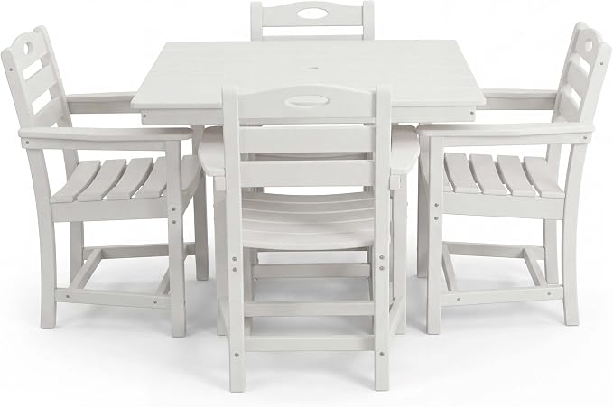 WILLIAMSPACE 37.8" Outdoor Patio Dining Set with 4 Armchairs, All Weather HDPE Square Dining Table with Umbrella Hole, Patio 5-Piece Bistro Set for Backyard, Balcony, Lawn, Kitchen (White)