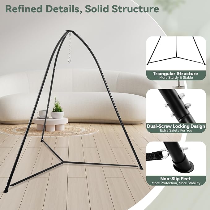 Tripod Hammock Chair Stand for Multi-Use, Heavy-Duty Hammock Chair Stand for Indoor & Outdoor, with Height Adjustable Triangular Design, 330 lbs Capacity, Easy Assembly, Stand Only - Black