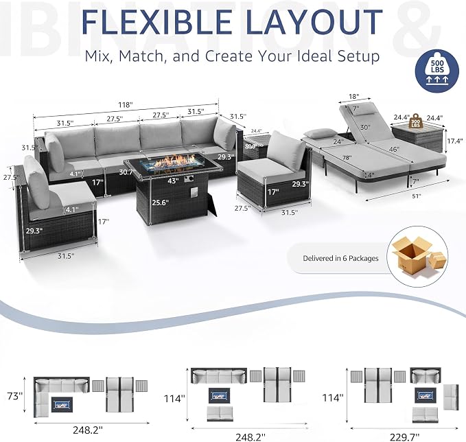 NICESOUL 11 Piece Outdoor Patio Furniture Set with Fire Pit Natural Gas/Propane, 29.3'' High Back Comfy Wicker Patio Sectional with Firepit & Chaise Lounge, 8 Seats Big Deep Couch for Backyard, Grey