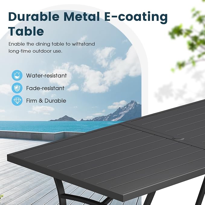 9 Pieces Patio Dining Set, 71" Rectangular Dining Table with Umbrella Hole, 8 Stackable Textilene Fabric Chairs, Metal Structure for Patio, Porch, Garden(Grey Table, Grey Chair)