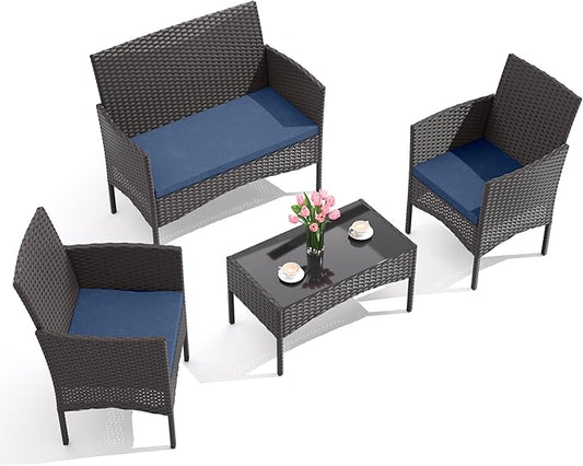 Gotland 4-Piece Outdoor Patio Furniture Set, Wicker Rattan Chairs & Sofa with Cushions and Glass Coffee Table, Conversation Set for Backyard, Lawn, Porch, Pool, Garden (Navy-2)