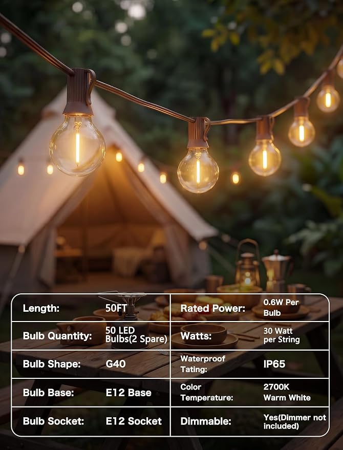 50FT Brown Outdoor String Lights, Shatterproof LED Globe Edison String Lights with 50 G40 LED Bulbs, Waterproof Connectable Hanging Light for Backyard Patio Porch Balcony Party Decor, E12 Base
