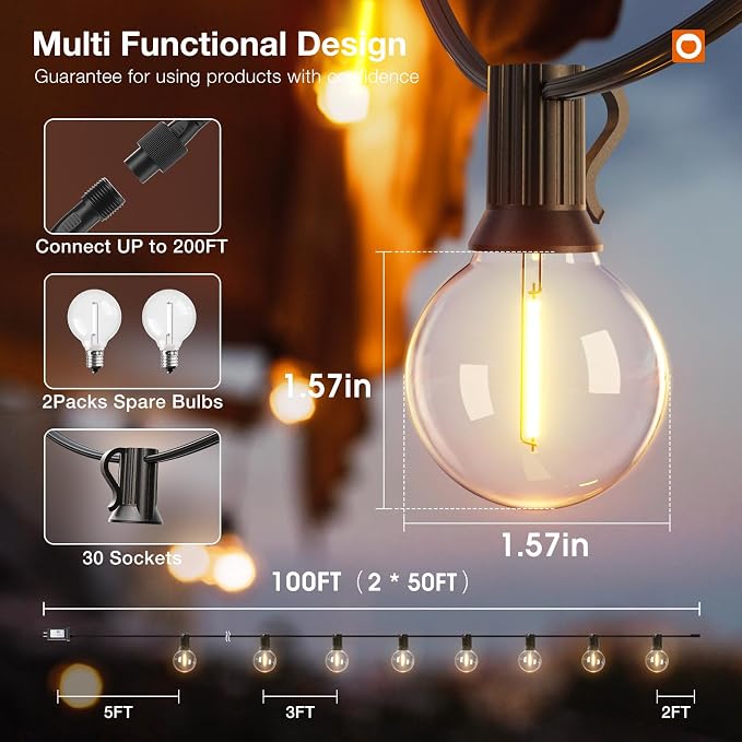 addlon 100FT Outdoor String Lights G40 LED Remote Dimmable Waterproof | Shatterproof Globe Bulbs Dimmable, Hanging Patio Lighting for Outside Backyard Garden Deck Balcony Porch Cafe Bistro Pergola