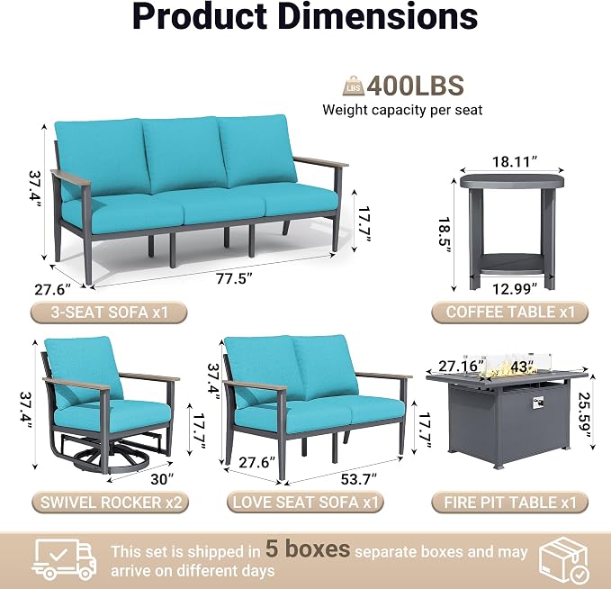 Aluminum Outdoor Patio Furniture Set, 6-Piece Sectional Sofa with 5.1" Thick Cushions, Swivel Rocking Chairs, 55,000 BTU Propane Fire Pit Table, Outdoor Couch for Backyard, Deck, Blue