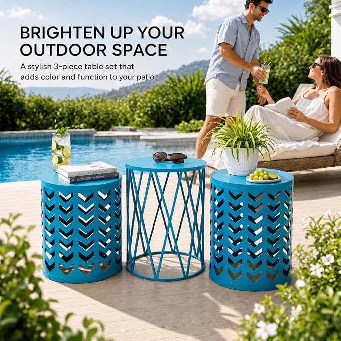 Y&M Set of 3 Nesting Metal Round Coffee Table, Side Table End Table for Indoor Outdoor Multifunctional Use,Heavy Duty Metal Plant Stand Decorative Garden Stool- Blue(Ship from US) | Outdoor side tables nesting design heavy duty metal waterproof patio b...