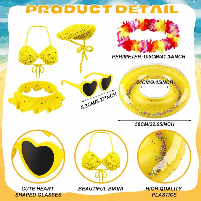 Summer Knitted Bikini Goose Outfit Hawaiian Beach Porch Goose Clothes Swimsuit with Wide Hat Sunglass Swim Ring for 17-23 Inch Cement Geese Statue Costume Outdoor Patio Lawn Garden Yard Decor