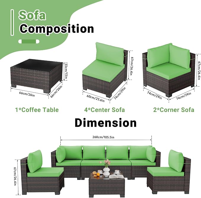LAFWLL 7 Pieces Outdoor Patio Furniture Sets,Rattan Conversation Sectional Set,Manual Weaving Wicker Patio Sofa with Tea Table