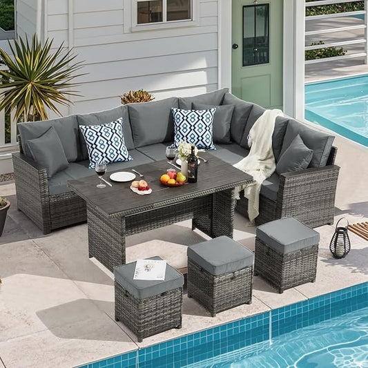 7 Pieces Patio Furniture Set with Dining Table, Outdoor Conversation Sectional Sofa Set Featuring 3 Ottomans, Thick Cushions and Pillows, Rattan Garden Lounge Seating for Deck, Backyard, Porch Use