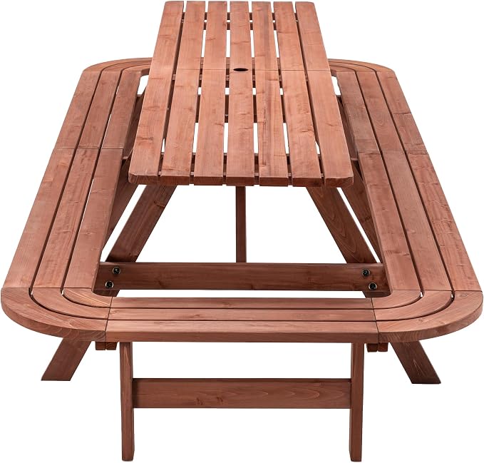 14-16 Person Rectangle Picnic Table, 95 inch Wood Picnic Table with Built-in Curved Benches, Umbrella Hole, Outside Dining Set for Patio Backyard Garden Porch, 2220lb Capacity, Brown