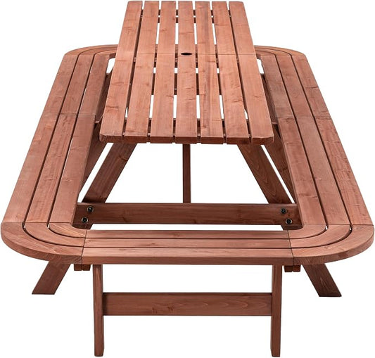 95" Picnic Table with Benches for 14-16 Persons, Outdoor Wooden Rectangle Dining Set for Patio, Garden, Backyard, Large Outside Table with Umbrella Hole, Brown