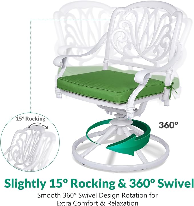 VIVIJASON 9-Piece Patio Furniture Dining Set, All-Weather Cast Aluminum Outdoor Conversation Set Include 8 Swivel Dining Chairs and an Oval Table with Umbrella Hole, White/Green Cushion