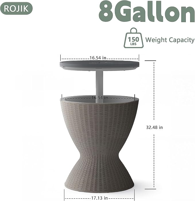 ROJIK 3-in-1 Resin Ice Bucket & Beverage Cooler – Wood Look Patio Table, UV Protection & Drain Plug for Outdoor Parties, Bars, and Poolside Use