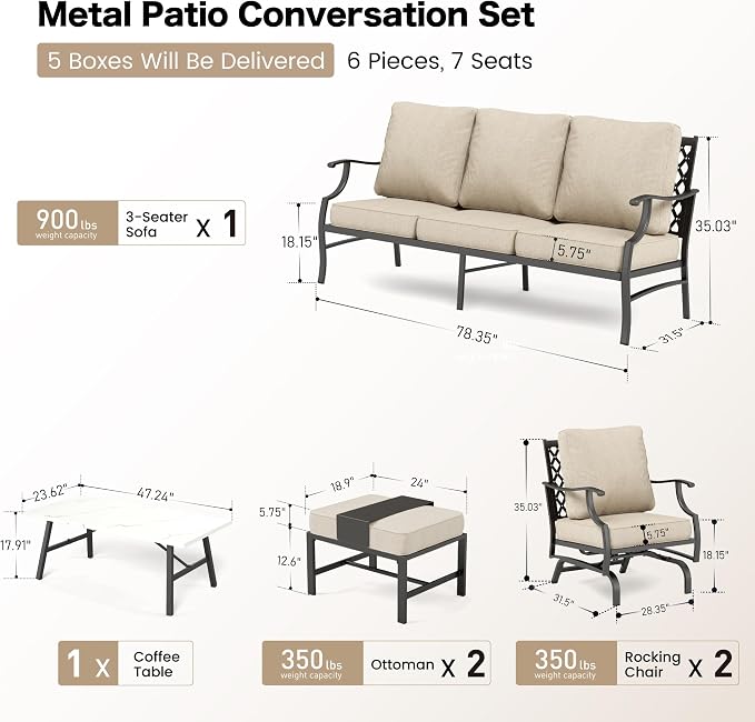 SUNSHINE VALLEY Patio Furniture Set, Modern Metal Outdoor Patio Furniture, 3 Seater Sofa, 2 Rocking Chairs, 2 Ottomans, Coffee Table and 5.75" Extra Thick Cushion, Patio Conversation Set for Backyard