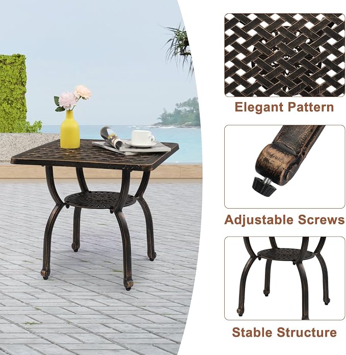 Bonnlo 22" Cast Aluminum Outdoor Side Table, All Weather Patio Side Table Outdoor End Table for Patio, Porch, Deck, Garden, Bronze (Square)