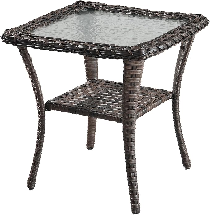 Patio Side Table Outdoor End Tables with Tempered Glass Top - 2-Tier Storage Wicker Side Tables for Outside Furniture Wicker Rocking Swivel Chairs in Porch Deck Yard Garden - Brown
