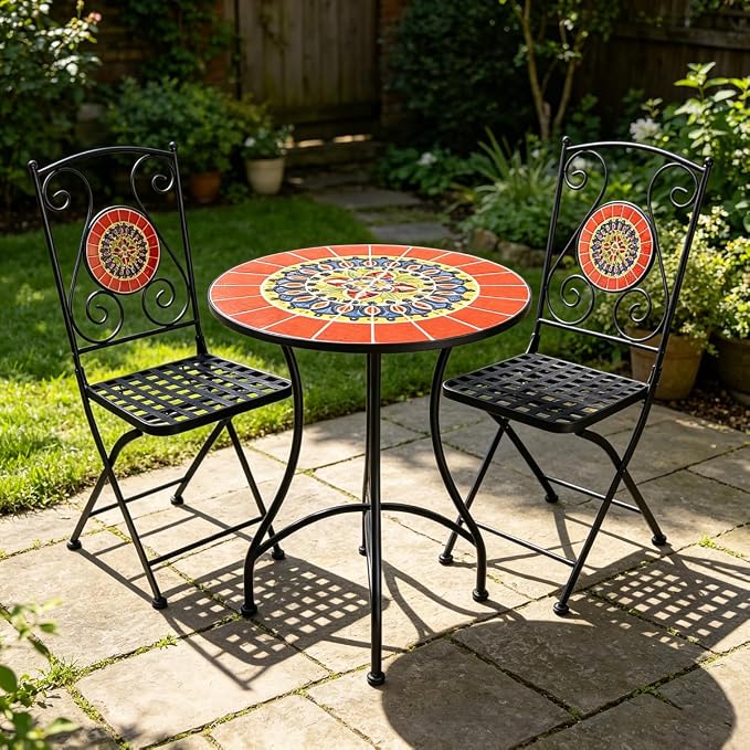 3 Piece Bistro Sets Mosaic Tile Round Table Folding Chairs Garden | Set of 3 Patio Furniture 23.6" Table and 2 Chairs Outdoor Bistro Chairs Artistic Table for Balcony Porch Apartment Backyard