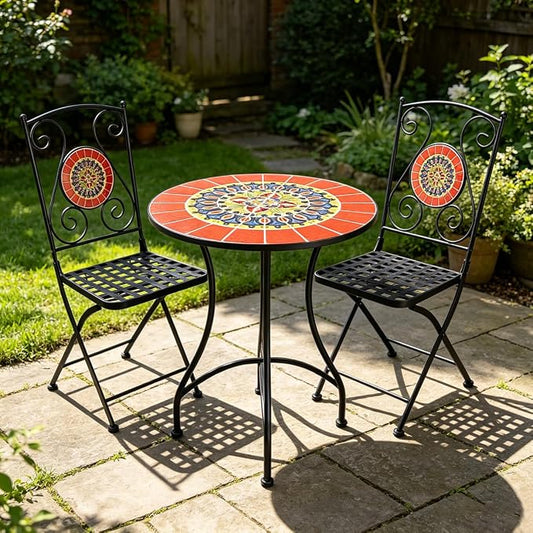 3 Piece Bistro Sets Mosaic Tile Round Table Folding Chairs Garden | Set of 3 Patio Furniture 23.6" Table and 2 Chairs Outdoor Bistro Chairs Artistic Table for Balcony Porch Apartment Backyard