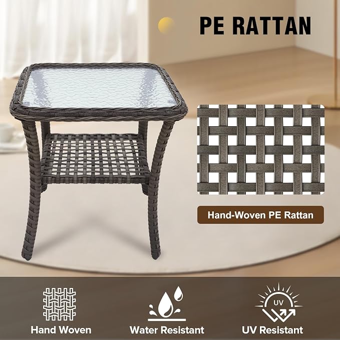 EAGLE PEAK Rustic Veranda Outdoor Wicker Side Table with Lower Storage, Rattan Coffee Table with Tempered Glass Top, Stonewash Gray
