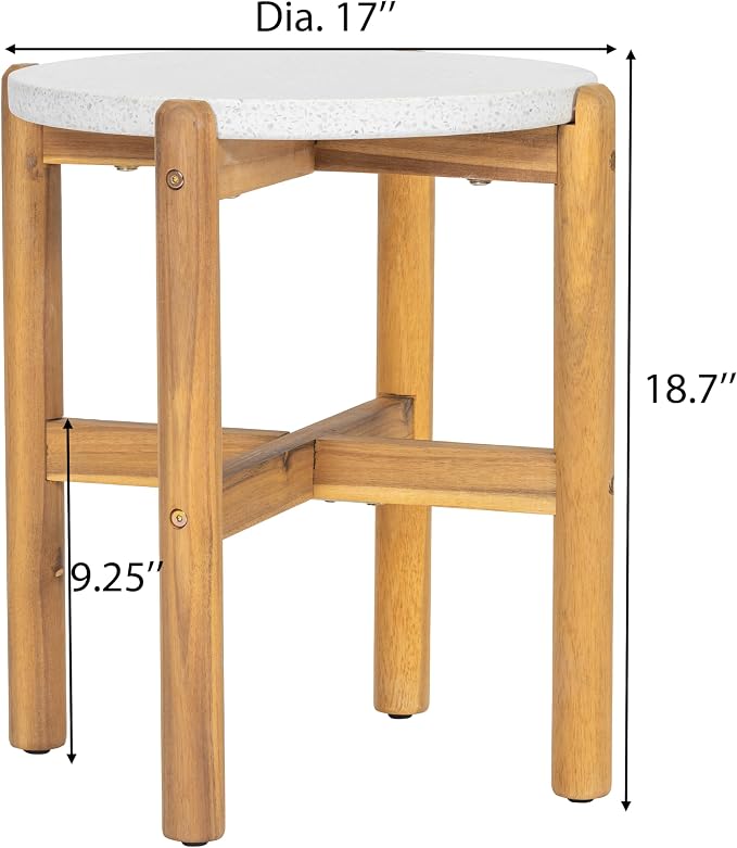 Christopher Knight Home Seeley Patio Acacia Wood Coffee Table, Indoor/Outdoor Table for Garden/Backyard/Poolside/Balcony Cafeteria, Lightweight Concrete Round Top Outdoor Side Table, Milky White+Teak