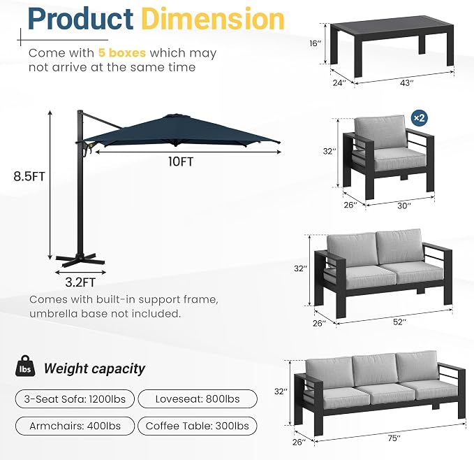 Wisteria Lane 6 Pieces Aluminum Patio Furniture Set with Umbrella, All Weather Oversized Outdoor Furniture Set with Deep Seat and Back Cushion, Patio Conversation Sets Wide armrest, Light Gray & Navy