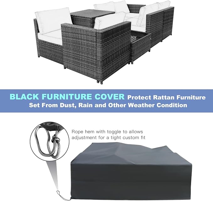 RELAX4LIFE 8-Piece Patio Furniture Set - PE Wicker Conversation Set w/Soft Cushions & Tempered Glass Storage Table, Outdoor Sectional Sofa Set for Garden, Poolside, Backyard (Black)
