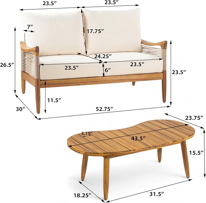 Merax 5-Piece Acacia Wood Patio Set with Rope Seats & Cushions | Teak-Finish Acacia Frame, Beige Woven Rope, Deep Seating Cushions And Coffee Table For Porch, Garden Or Backyard