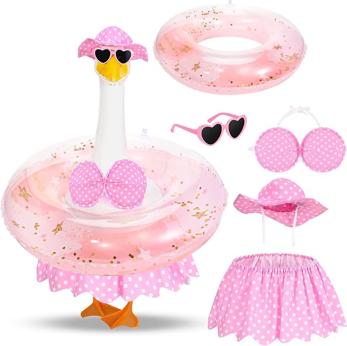 Hawaiian Swimsuit Bikini Goose Outfit, 23-inch Porch Goose Summer Costume with Swim Ring, Sunglasses & Hat, Summer Yard Decorations