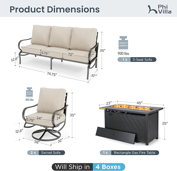 PHI VILLA 4 PCS Patio Furniture with FirePit Table, Outdoor Furniture Set with 1 x 45“ Metal Firepit Table, 1 x 3 Seater Cushioned Deep Seating Bench & 2 x Swivel Sofa Chairs