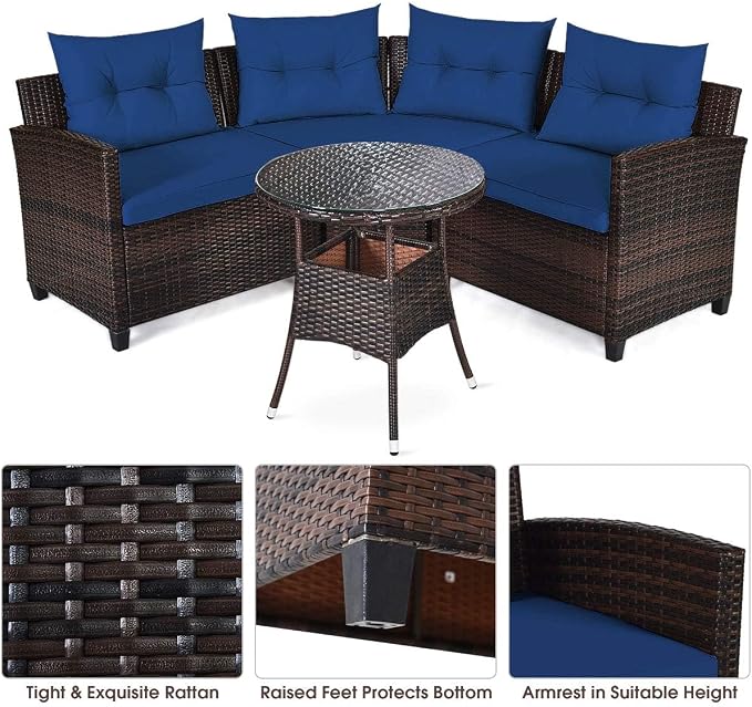 HAPPYGRILL 4 Pieces Rattan Patio Conversation Set, Outdoor Wicker Furniture Set with Cushioned Sofas and Coffee Table, L-Shape Sectional Curved Sofa Set for Garden Poolside Balcony