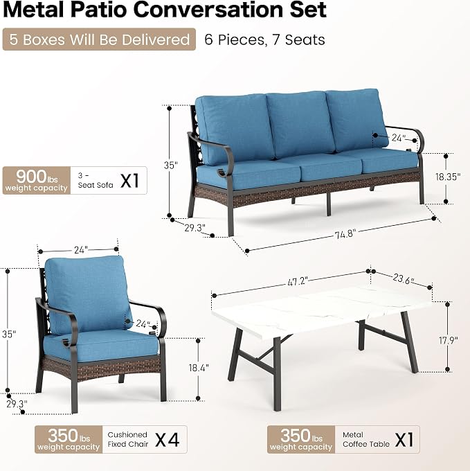 SUNSHINE VALLEY 6 Piece Metal Outdoor Patio Furniture Sets, Patio Conversation Sets with 3-Seater Sofa, 4 Single Sofa (5.75" Thick Cushion) & Coffee Table, Black Frame Backyard Furniture, Denim Blue