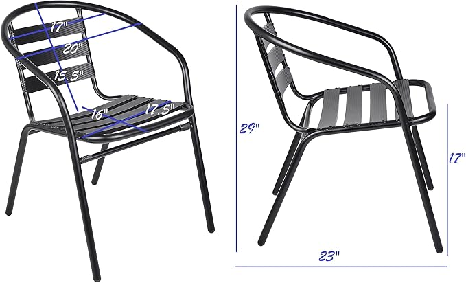BTEXPERT Indoor Outdoor Restaurant Stainless Steel Aluminum Metal Slat Stack Commercial Lightweight, 2 Chairs with a 27.5" Square Table, Silver/Black