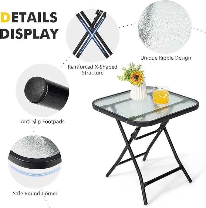 LDAILY 18” Folding Outdoor Side Table, Square End Table with Tempered Glass Tabletop & Sturdy Steel Frame, Portable Patio Table for Balcony, Backyard, Poolside & Indoor Use, Black