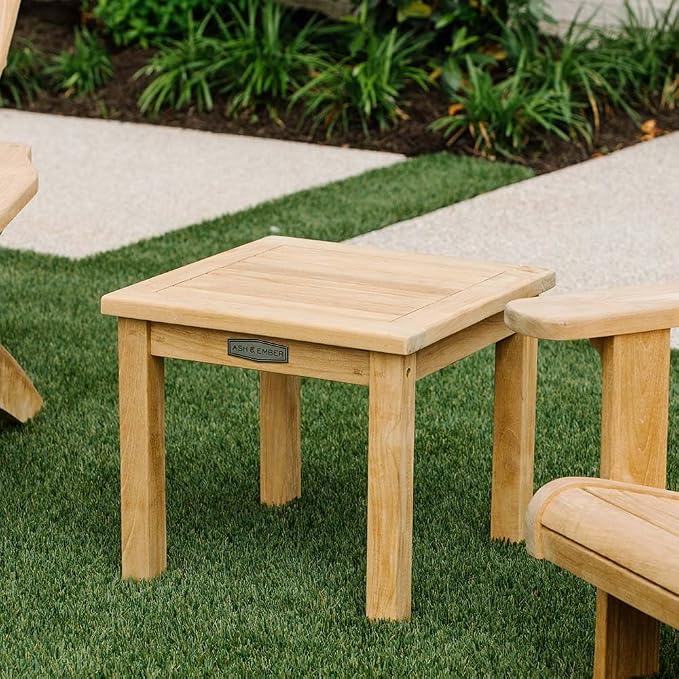 TITAN GREAT OUTDOORS Ash & Ember Sierra Grade A Teak End Table, 18" Tall Outdoor Hand-Sanded Accent Table, 19.75"x19.75" Slated Tabletop, Solid Brass Hardware