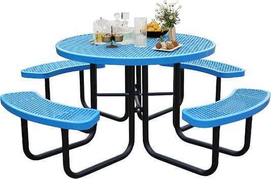 46 Inch Round Outdoor Metal Picnic Table, All-Weather Patio Dining Set for 6-8 Adults, Heavy Duty Steel with Central Umbrella Hole, Perfect for Garden, Backyard, Deck & Small Spaces - Easy Assembly