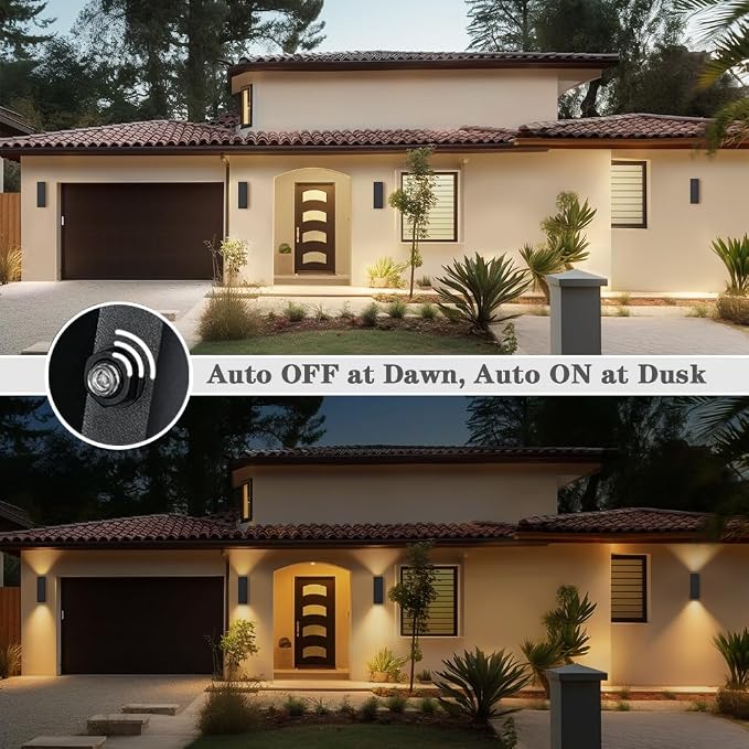 SHIMR Dusk to Dawn Outdoor Wall Lights, Modern Outdoor Sconce, ETL Listed | Black, Waterproof Aluminum Exterior Light Fixture, E26 Base, LED Bulbs Included, Up and Down Lights for Porch Garage Patio