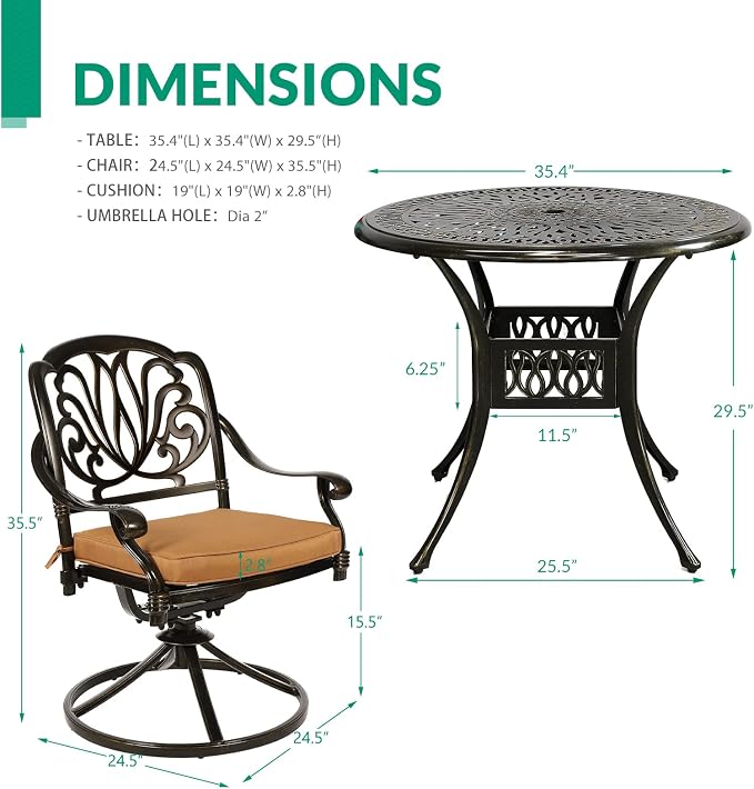 VIVIJASON 5-Piece Outdoor Patio Dining Set, All-Weather Cast Aluminum Conversation Set, Patio Furniture Set for Balcony Lawn Garden, Include 4 Swivel Dining Chairs, a 35.4" Round Table w/Umbrella Hole