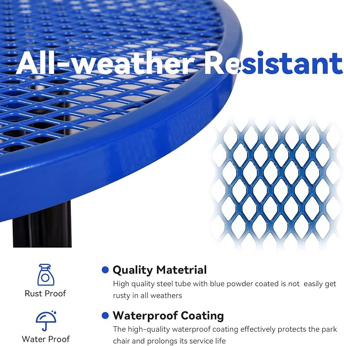 Heavy Duty Picnic Table for Outdoors 3200 lbs Load All Metal Dining Table with Umbrella Hole up to 1.5", Round Camping Table for Commercial Picnic Table with Benches, Blue