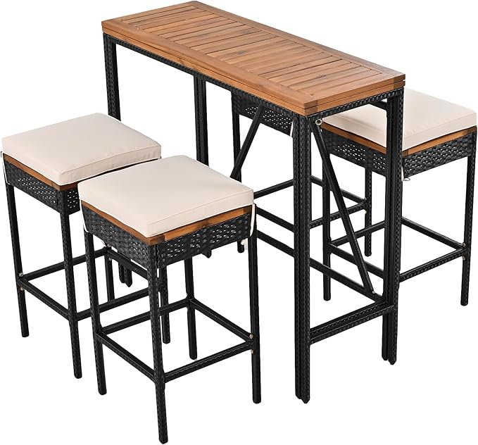 WILLIAMSPACE Patio Bar Table Set of 5, Outdoor Wood Height Bar Table & 4 Bar Stools with Cushions, PE Rattan Wicke Bar Table with Foldable Tabletop, Bistro Set for Backyards Porches (Brown)