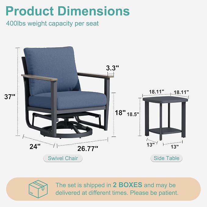 6-Piece Patio Rocking Swivel Chair Outdoor Aluminum Bistro Set with Coffee Table, Outdoor Patio Furniture Set with High Backrest & Thickened Cushions for Garden, Deck and Balcony, Navy Blue