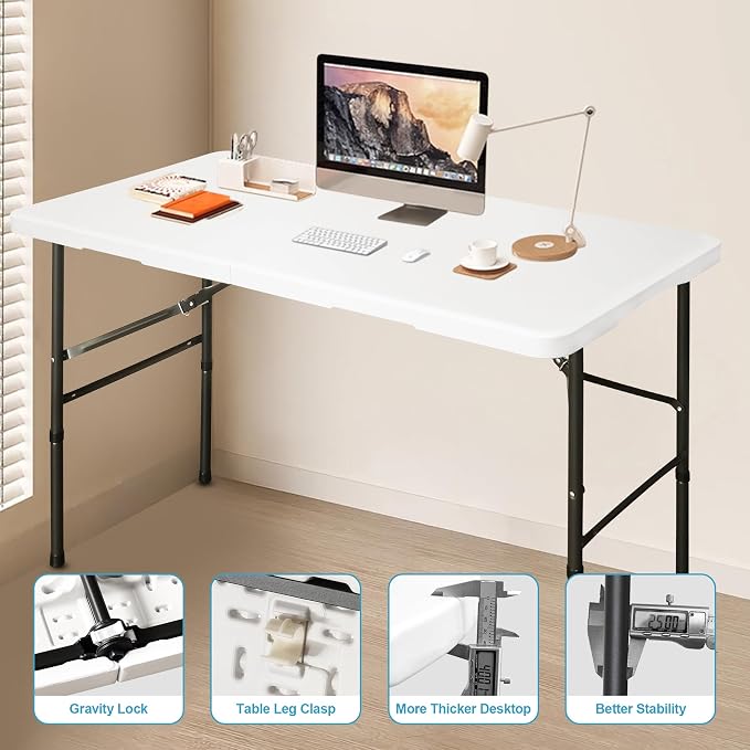 Bblife 4ft Portable Folding White Event Table, Plastic Pinic Camping Table wiht 2 Adjustable Heights, Indoor Outdoor Heavy Duty Utility Table with Carry Handle, White