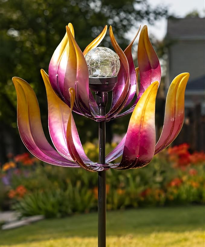 Solar Wind Spinner Outdoor Metal Decor - 61" Tall Lotus Kinetic Yard Art with Color-Changing Crackle Glass LED Light, Dual-Directional Wind Catcher Lawn Ornament for Garden, Patio & Yard Gift