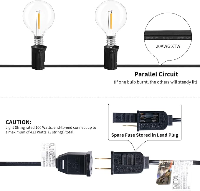 LED G40 Outdoor String Lights Patio Lights 109FT with 104 LED Shatterproof Bulbs, Weatherproof Commercial Hanging Lights for Backyard Bistro Pergola Party Decor, E12 Socket Base, 2200K, Black