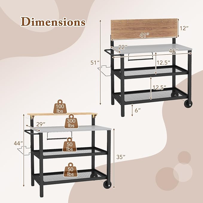 Giantex Outdoor Grill Cart, Pizza Oven Stand with Flip up Bar Table, 4-Shelf Food Prep Cooking Station with Hooks, Trash Bag Holder, Paper Towel Holder, Heavy Duty Movable Dining Table with Wheels