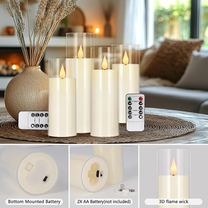 YOROXRG Flickering Flameless Candles Battery Operated with Remote,Led Pillar Candles with Realistic Moving Wick Candles for Halloween,Christmas,Home Decor Pack of 24 (D2.2 xH 5" 6" 7")(Ivory)