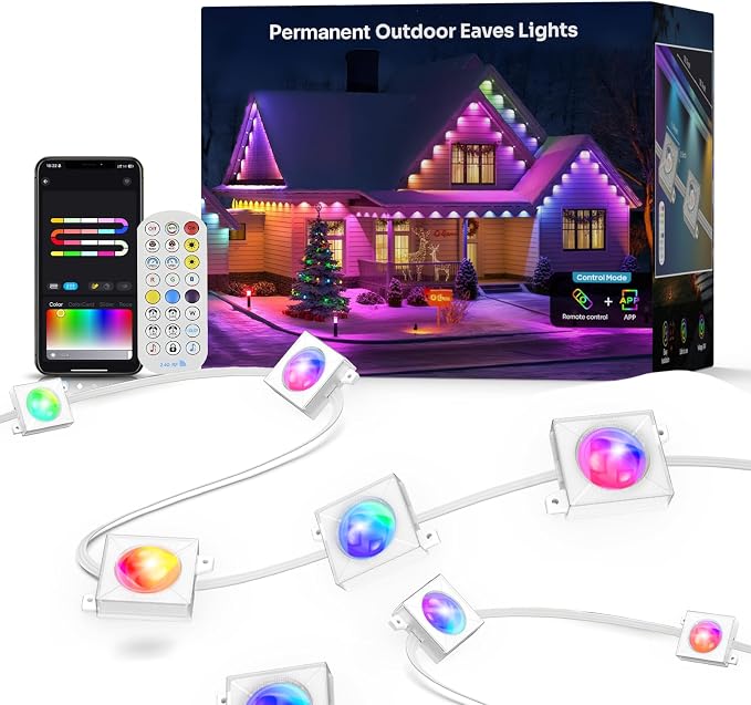 RGB+IC Permanent Outdoor Lights, DIY Lighting Effects, 200FT | Permanent Outdoor Lights with 120 LEDs, App & Remote Control, Timer, IP65 and Dynamic Effects for Yards, Home