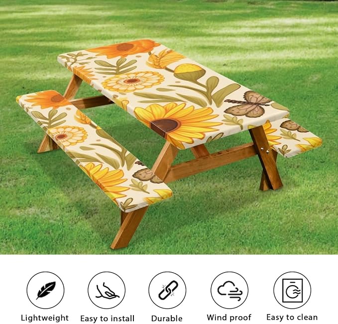 Yellow Floral Picnic Table Cover with Bench Covers Camping Essentials Outdoor Table and Chairs Decorative Sets Flexible Picnic Table 3 Piece Set Suitable for BBQ Picnic Party Camping