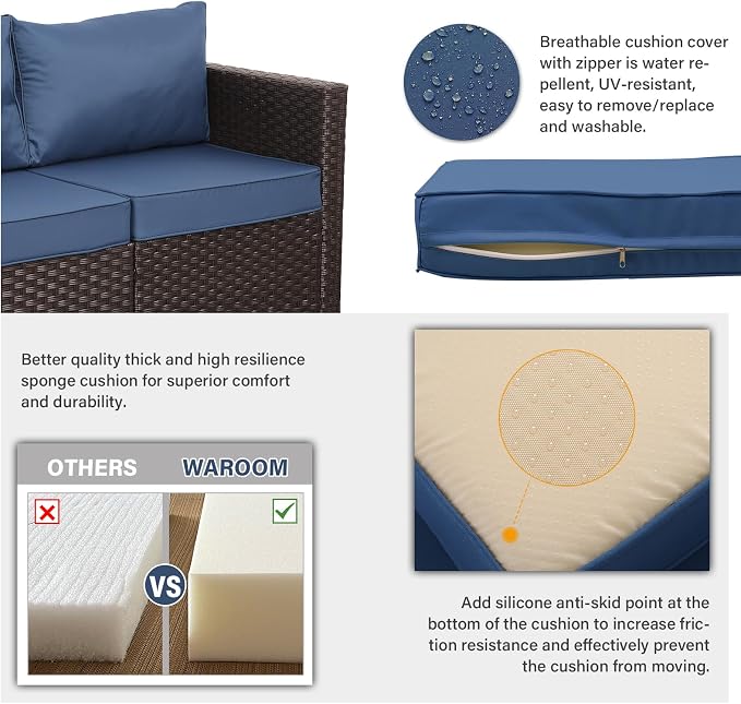 WAROOM Patio Furniture Set 4 Piece Conversation Sets Brown Rattan Outdoor Couch Loveseat Wicker Sectional Sofa with Storage Box Glass Top Table, Navy Blue Cushion
