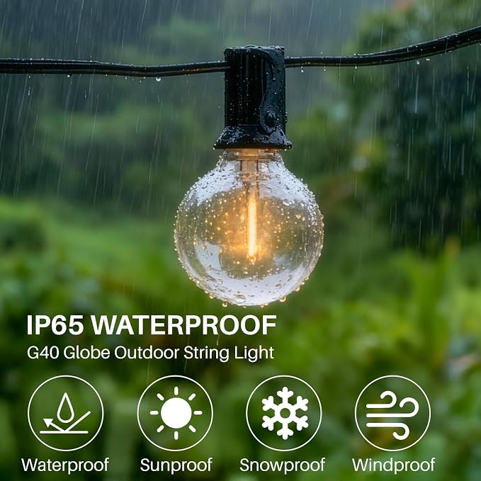 25 FT 2200K Outdoor String Lights,13 Plastic Edison Bulbs, E12 Base | G40 globe shatterproof bulbs, IP65 waterproof, dimmable LED, for backyard porch balcony party decor