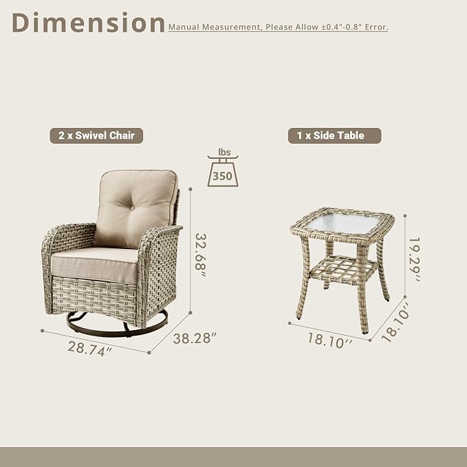 Swivel Patio Chairs Set of 2, Outdoor Wicker Rocker Glider Chair with Coffee Table, Modern Comfy Patio Furniture Sets for Porch Balcony Sunroom, Beige